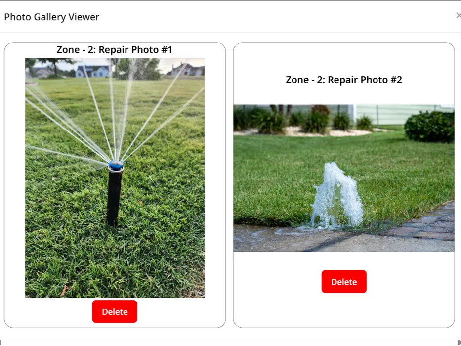 Zone repair photographs attached to a wet check finding, shown at full size in the app's gallery viewer.
